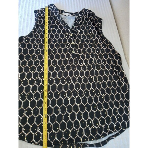 JOIE DE VIVRE WOMENS BLOUSE  TOP PLUS SIZE 2X BLACK  GOLD SLEEVELESS HENLEY NECK - Picture 7 of 13